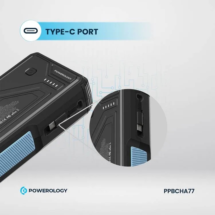 Powerology 27000mAh Solar Wireless Charging Power Bank Fast Charging 4 Devices Simultaneous Charge Support Multi Mode Flashlight IP54 Water Resistant |PP077||PPBCHA77|