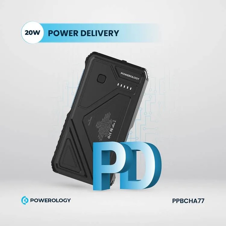 Powerology 27000mAh Solar Wireless Charging Power Bank Fast Charging 4 Devices Simultaneous Charge Support Multi Mode Flashlight IP54 Water Resistant |PP077||PPBCHA77|