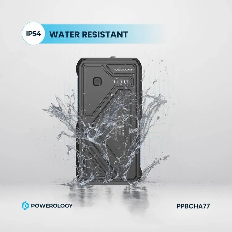 Powerology 27000mAh Solar Wireless Charging Power Bank Fast Charging 4 Devices Simultaneous Charge Support Multi Mode Flashlight IP54 Water Resistant |PP077||PPBCHA77|