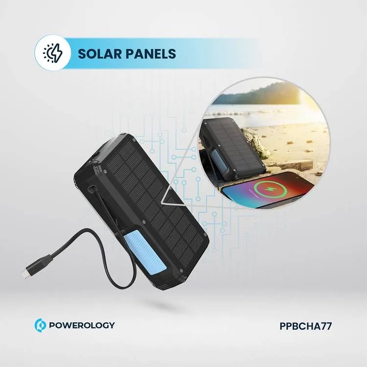 Powerology 27000mAh Solar Wireless Charging Power Bank Fast Charging 4 Devices Simultaneous Charge Support Multi Mode Flashlight IP54 Water Resistant |PP077||PPBCHA77|