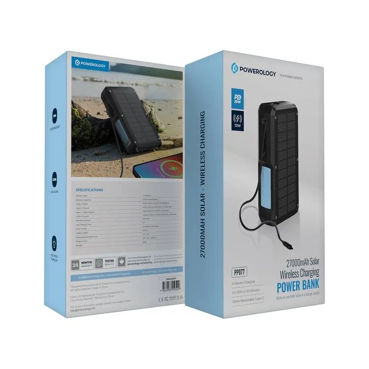 Powerology 27000mAh Solar Wireless Charging Power Bank Fast Charging 4 Devices Simultaneous Charge Support Multi Mode Flashlight IP54 Water Resistant |PP077||PPBCHA77|