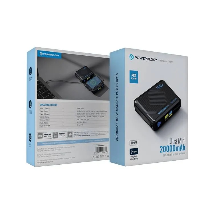 "Powerology Ultra Mini 20000mAh Power Bank 100W PD 15W MagSafe Wireless Fast Charging Compact Laptop Charger |PP079||PPBCHA79|