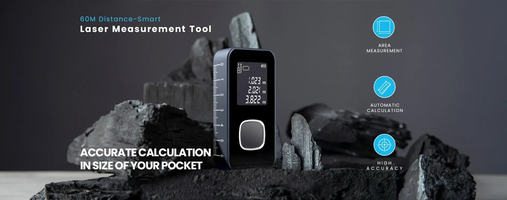 Powerology 60M Distance Smart Measurement Tool High Accuracy Laser Rangefinder Rechargeable Digital Display |P60PLRFBU|