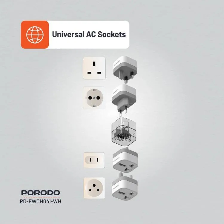Porodo 150 Plus Countries Universal AC Adapter Travel Plug 2500W High Power Multi Port with UK, US, SA & EU Plugs & Built In Safeguards |FWC041||PD-FWCH041-WH|