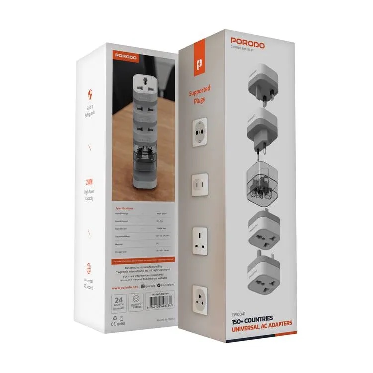 Porodo 150 Plus Countries Universal AC Adapter Travel Plug 2500W High Power Multi Port with UK, US, SA & EU Plugs & Built In Safeguards |FWC041||PD-FWCH041-WH|