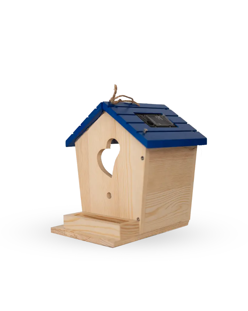 Ghaith and Qalby Etmaan Wooden Birdhouse with Solar Lights for Outdoor Trees Natural Sidr Wood Blue Roof Heart Shaped Vent