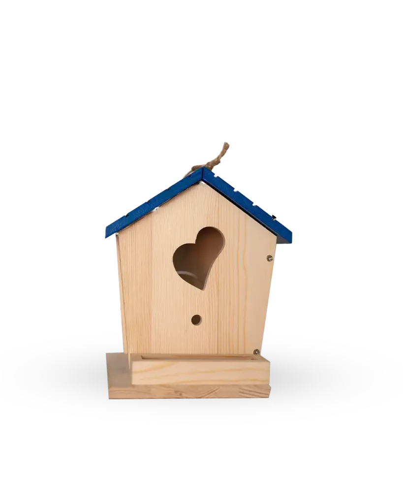 Ghaith and Qalby Etmaan Wooden Birdhouse with Solar Lights for Outdoor Trees Natural Sidr Wood Blue Roof Heart Shaped Vent