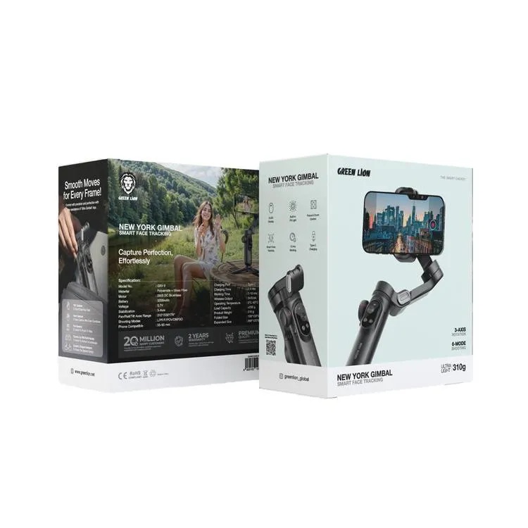 Green Lion New York Gimbal Smart Face Tracking 3 Axis Stabilizer 6 Mode Shooting with OLED Display Built in Ultra Fill Light and Zoom Focus Control |