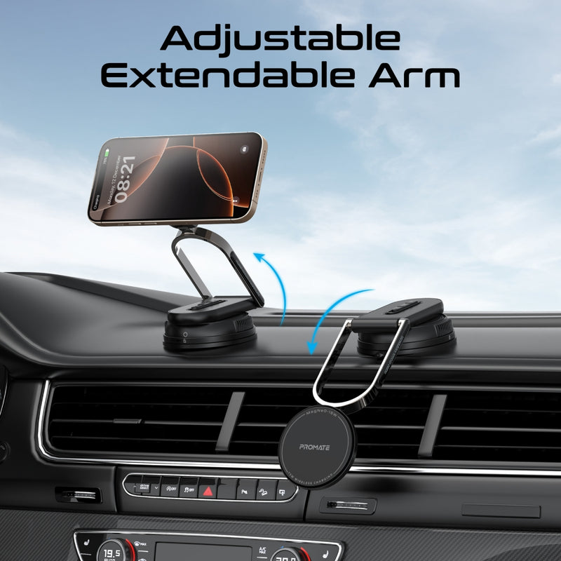 Promate MagNeo 15W Wireless Charging Mount Cradleless MagSafe Compatible Car Charger Adjustable Arm Dashboard Windshield Mount