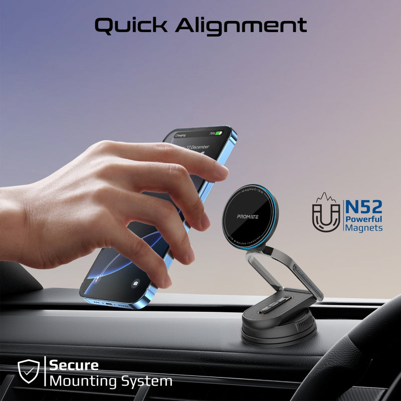 Promate MagNeo 15W Wireless Charging Mount Cradleless MagSafe Compatible Car Charger Adjustable Arm Dashboard Windshield Mount