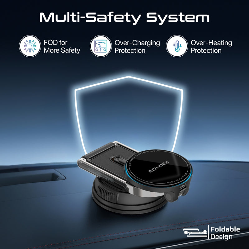 Promate MagNeo 15W Wireless Charging Mount Cradleless MagSafe Compatible Car Charger Adjustable Arm Dashboard Windshield Mount