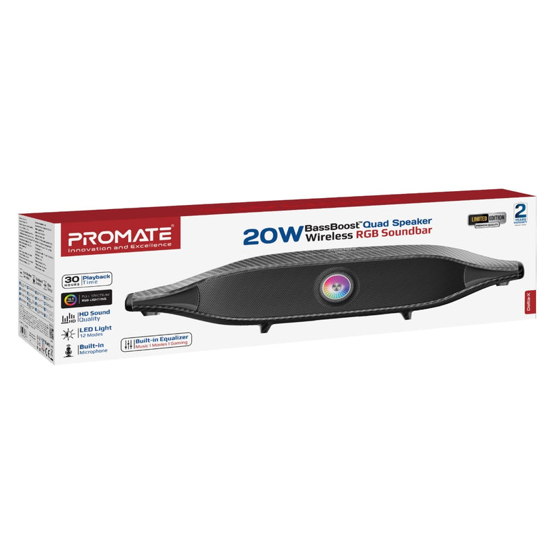Promate Delta X Wireless RGB Soundbar 20W Quad Speaker BassBoost with Mic USB Flash Support 30 Hour Playtime Bluetooth 5.4