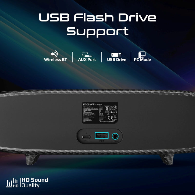 Promate Delta X Wireless RGB Soundbar 20W Quad Speaker BassBoost with Mic USB Flash Support 30 Hour Playtime Bluetooth 5.4