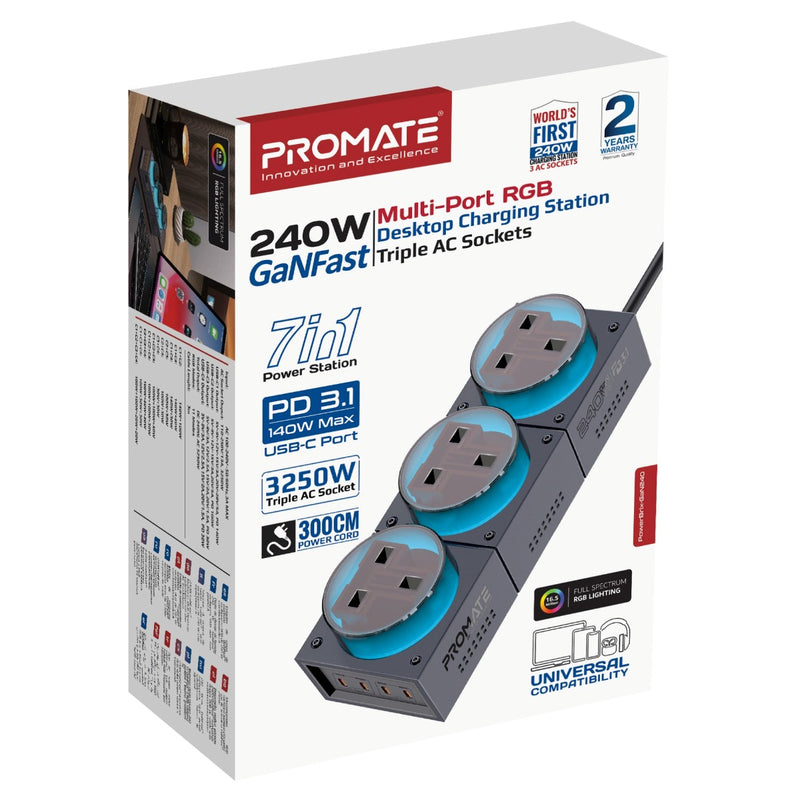 Promate PowerBrix GaN240 RGB Desktop Charging Station 240W GaNFast Multi Port Charger with Triple AC Sockets and USB C PD Fast Charging