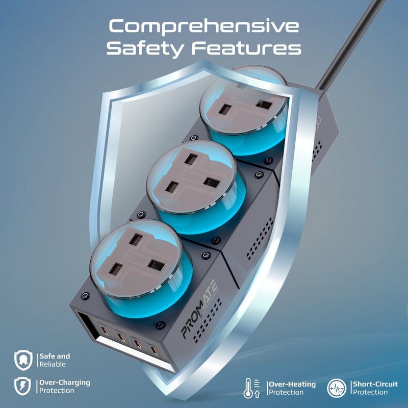 Promate PowerBrix GaN240 RGB Desktop Charging Station 240W GaNFast Multi Port Charger with Triple AC Sockets and USB C PD Fast Charging