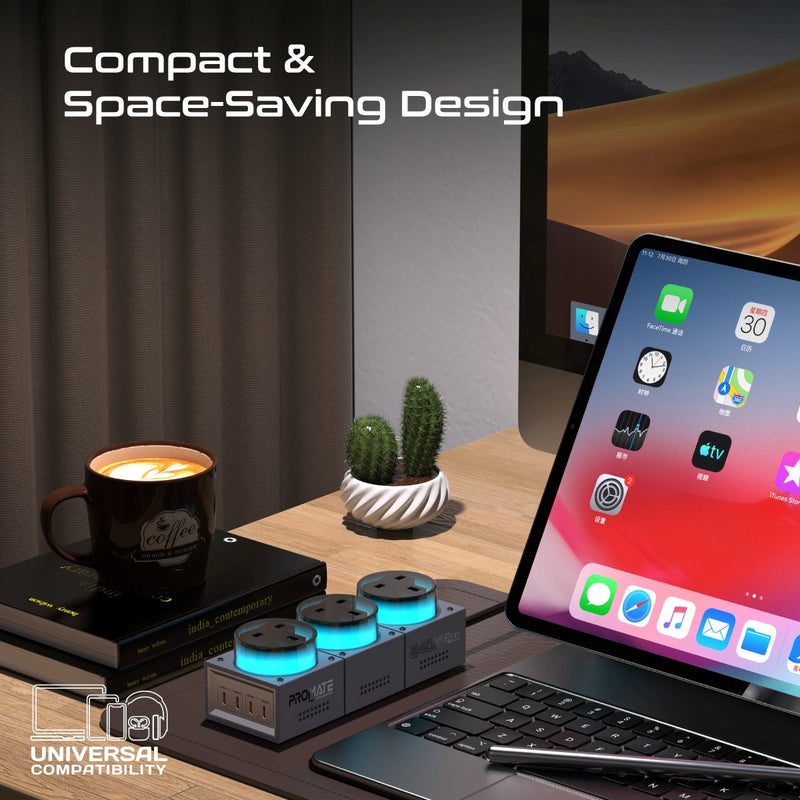 Promate PowerBrix GaN240 RGB Desktop Charging Station 240W GaNFast Multi Port Charger with Triple AC Sockets and USB C PD Fast Charging