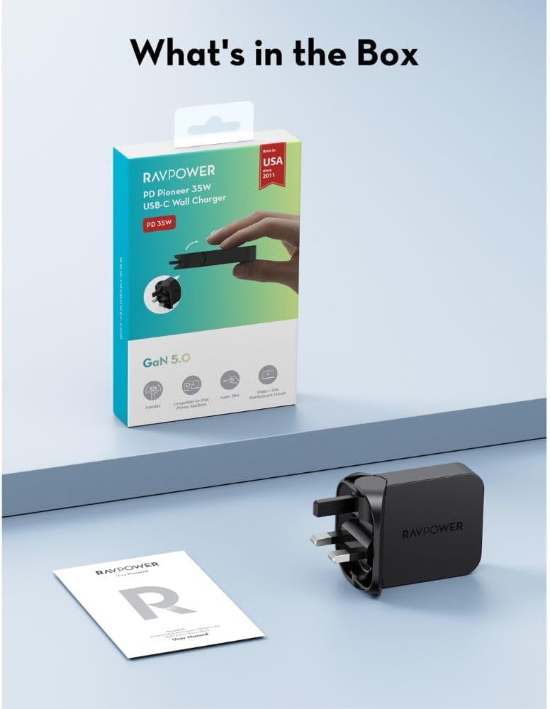 RAVPower PD Pioneer 35W USB C Wall Charger Fast Charging Adapter with GaN Technology for iPhone iPad Samsung Travel Friendly