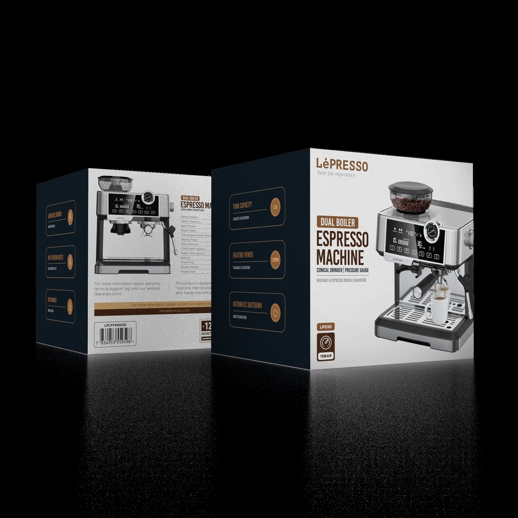 LePRESSO Dual Boiler Espresso Machine with Conical Grinder 19 Bar Pressure Adjustable Milk Frother Cup Warmer for Home and Professional Use (LP030-LPCFFM0030)