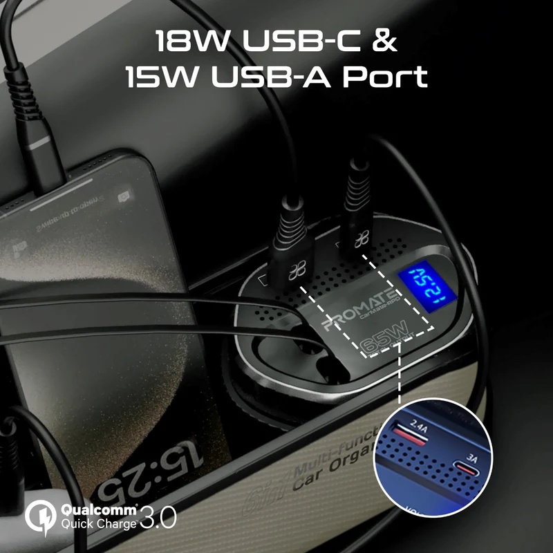 Promate 65W Car Organizer Charging Station with USB C and Lightning Retractable Cables Multi Port Charger with Storage for Cars - CarMate-RPD