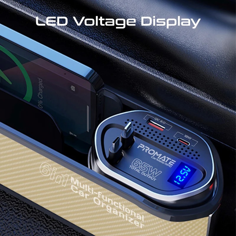 Promate 65W Car Organizer Charging Station with USB C and Lightning Retractable Cables Multi Port Charger with Storage for Cars - CarMate-RPD