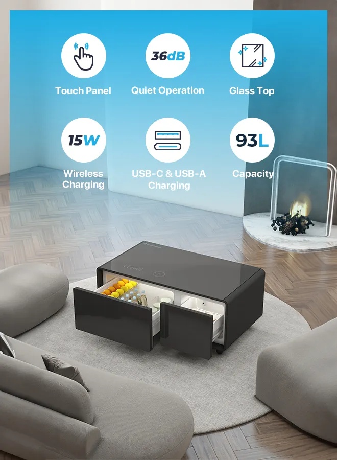 Powerology Fridge Coffee Table with 93L Mini Fridge Bluetooth HiFi Speaker Wireless Charging and USB Ports - Black (P93CTFBK)