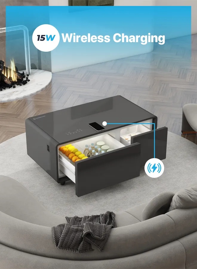 Powerology Fridge Coffee Table with 93L Mini Fridge Bluetooth HiFi Speaker Wireless Charging and USB Ports - Black (P93CTFBK)