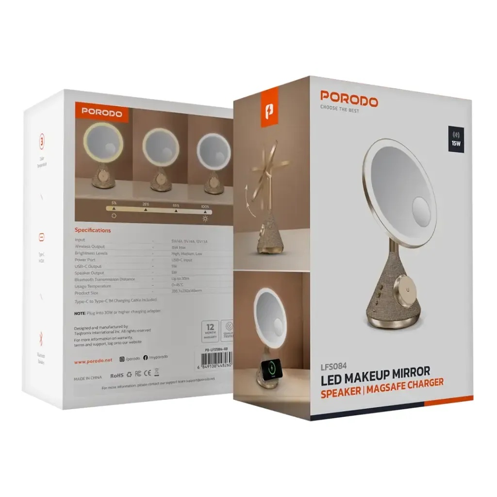 Porodo LED Makeup Mirror with Bluetooth Speaker MagSafe 15W Wireless Charger USB C Port 3 Brightness Level 3 Color Temperatures |LFS084||PD-LFST084-GD/SL|