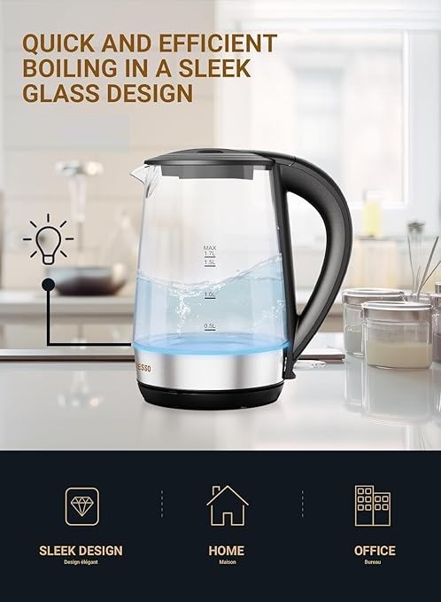7MD Electric Kettle Transparent Glass 1.7 Liter Fast Boil LED Light 2200W Corded Water Boiler (Model: 7MD-5807B-GS)