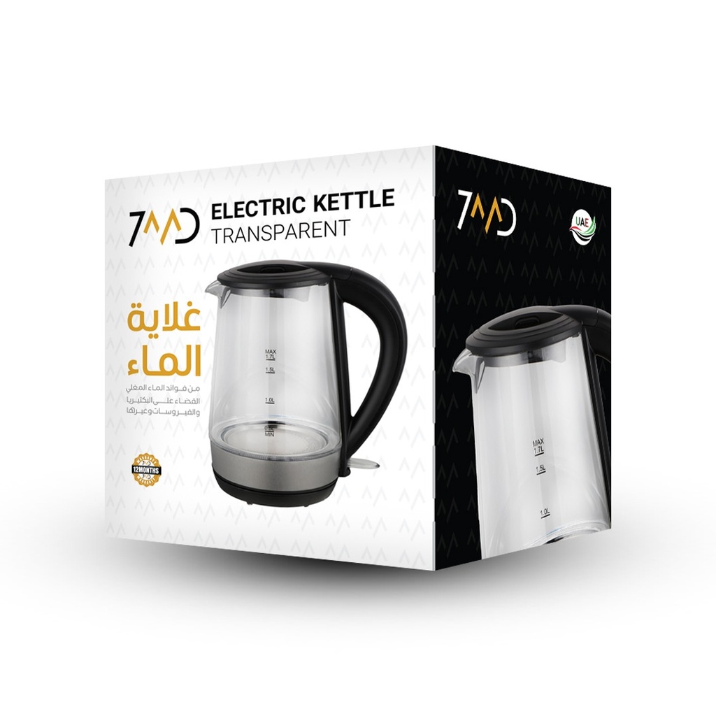 7MD Electric Kettle Transparent Glass 1.7 Liter Fast Boil LED Light 2200W Corded Water Boiler (Model: 7MD-5807B-GS)