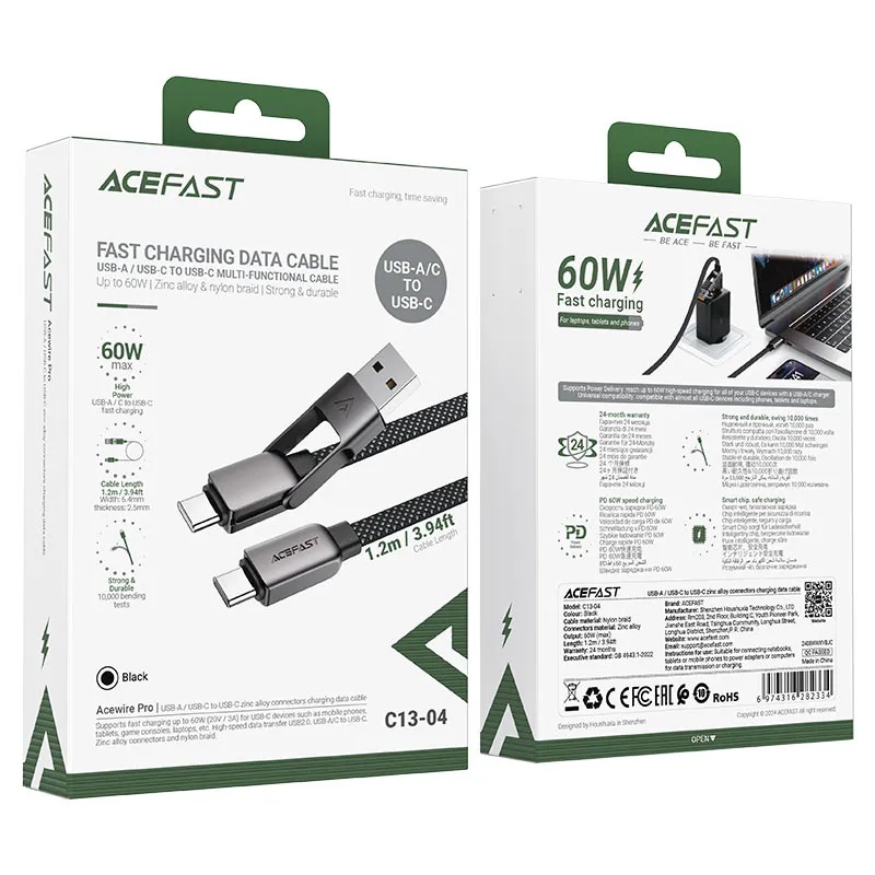 ACEFAST Acewire Pro Fast Charging Data Cable USB-A USB-C to USB-C 60W 1.2m Zinc Alloy Nylon Braided PD60W USB 2.0 Cable |C13-04|