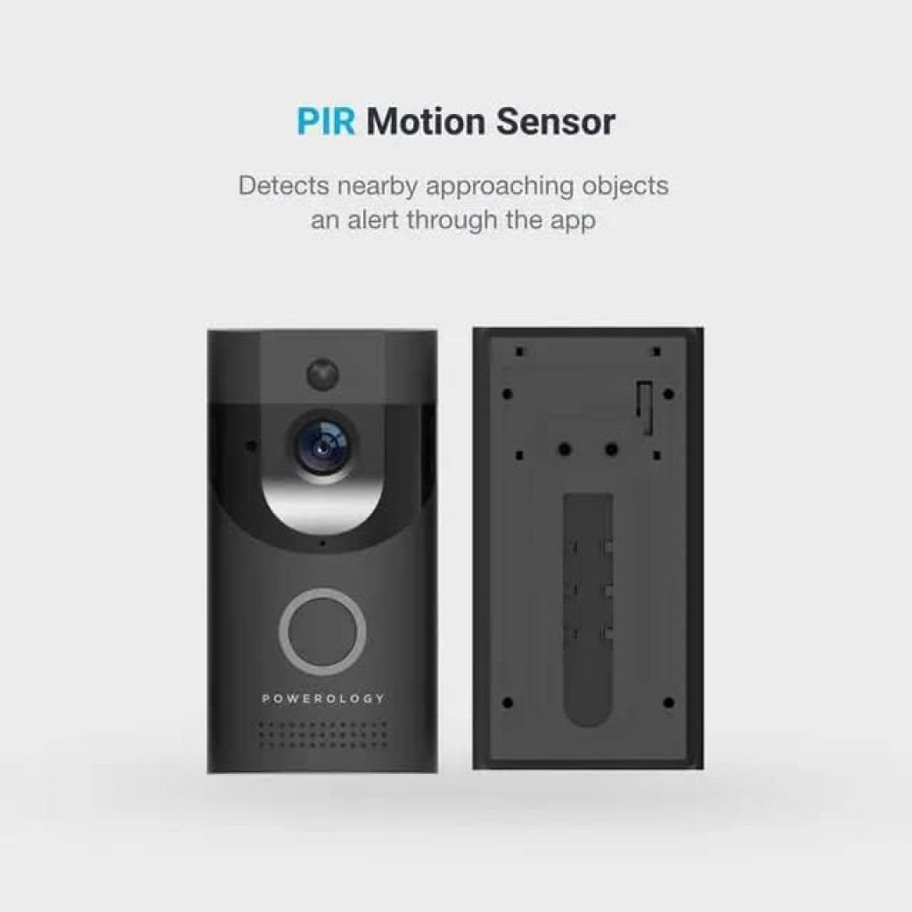 Powerology Smart Video Doorbell with Night Vision and Motion Sensor 1080P HD WiFi Two-Way Audio IPX4 Weather Resistant 160 Degree Wide Angle View |PSVDBBK|