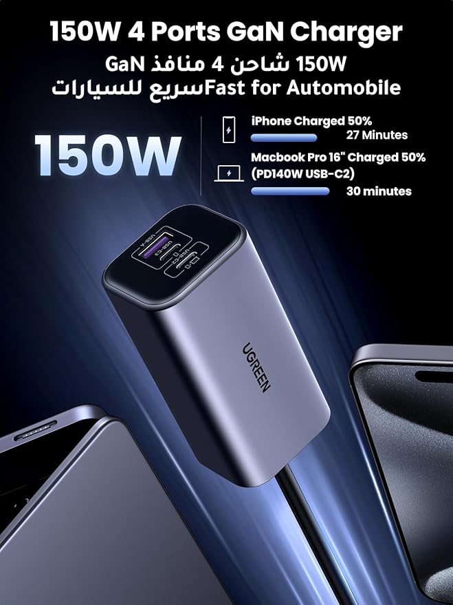 UGREEN 150W Multi Port Car Charger 4 Port USB C Fast Car Adapter GaN Charger PD 140W USB C Car Charger for MacBook iPhone Samsung Galaxy Tablets Laptops