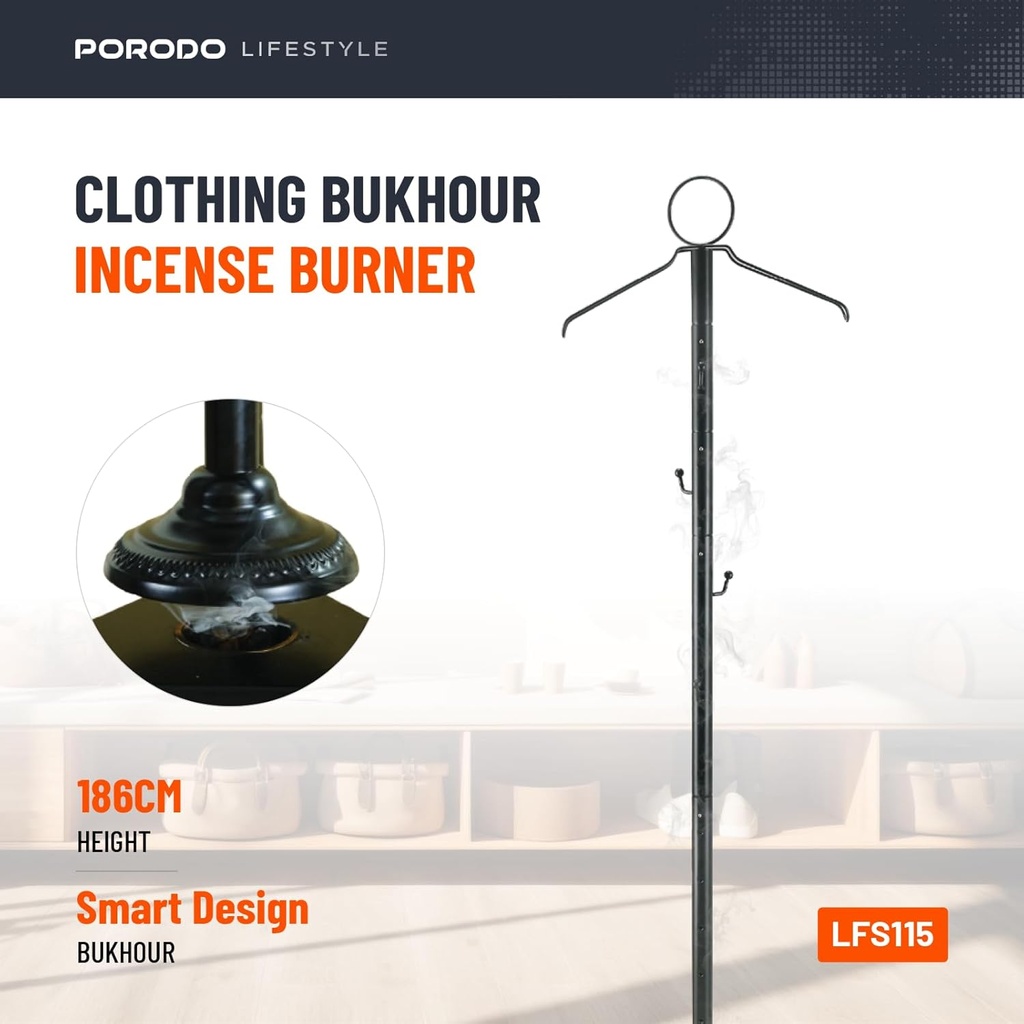 Porodo Lifestyle Clothing Bukhour Incense Burner Stand, Stable Tripod Base, Hanger Hook Design, Sturdy Non-Skid Base, 186CM Height, Incense Ventilation Holes, Smart Design (Black)  - LFS115|