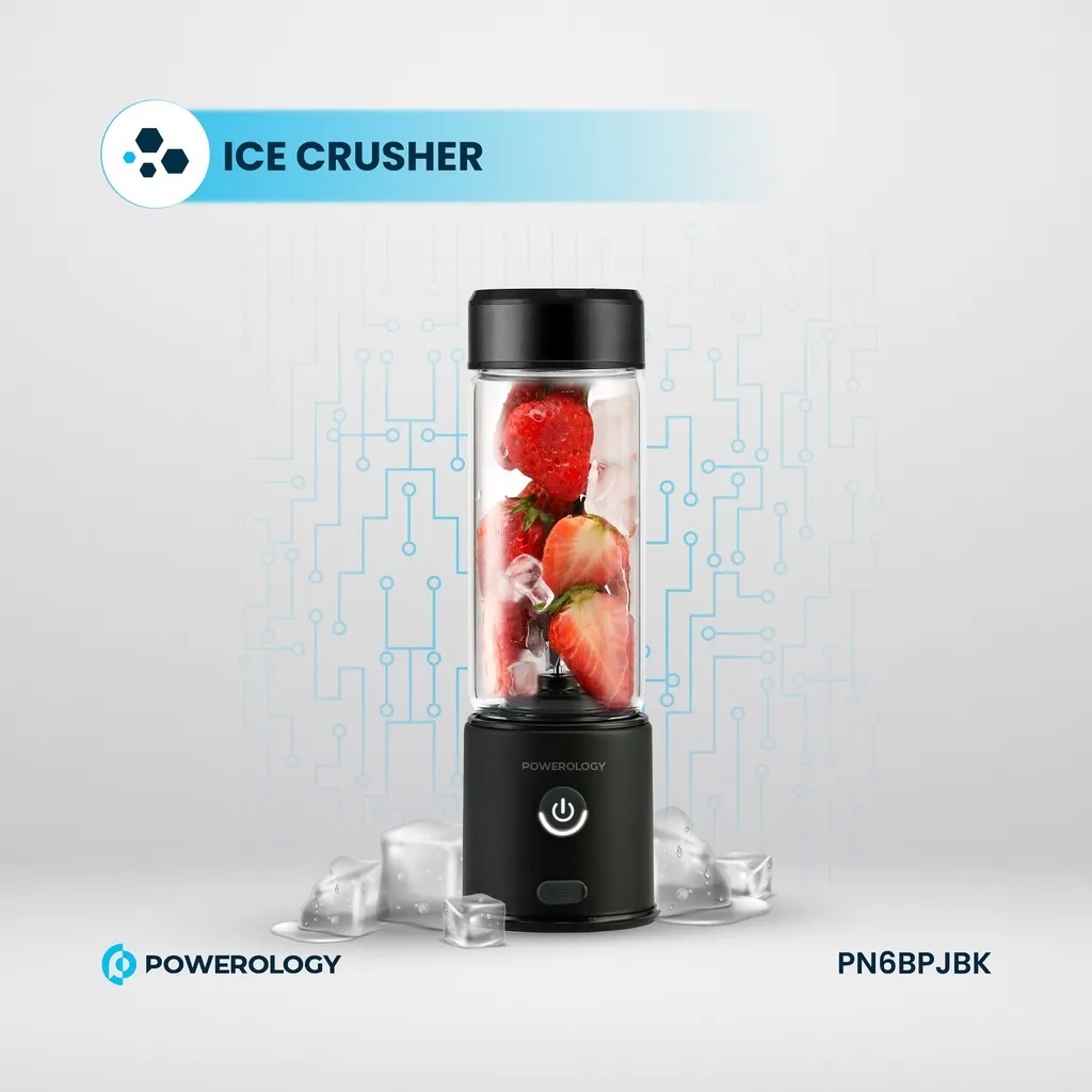Powerology 6 Blade Portable Juicer 450mL 126W Rechargeable USB Type C Blender with Dual 2500mAh Battery Stainless Steel Ice Crushing Blades Borosilicate Glass Container |PN6BPJBK|