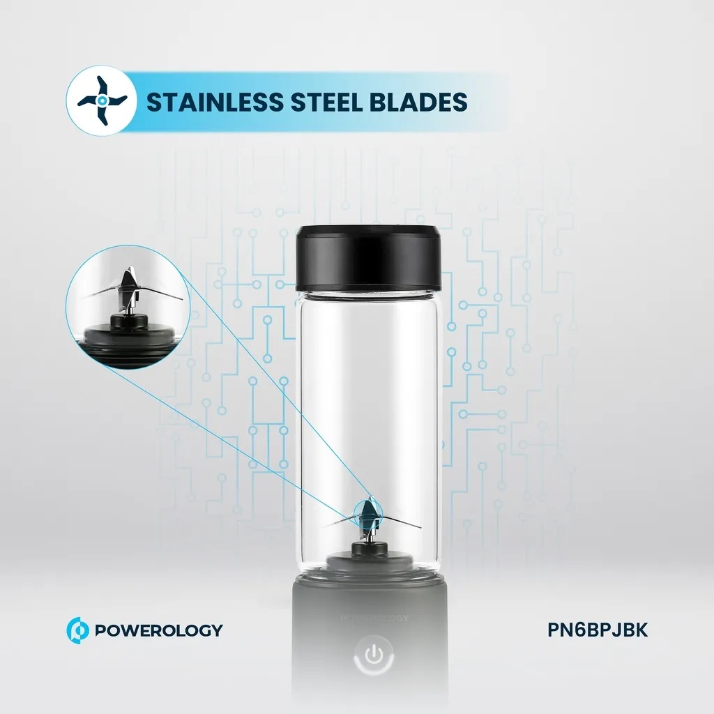 Powerology 6 Blade Portable Juicer 450mL 126W Rechargeable USB Type C Blender with Dual 2500mAh Battery Stainless Steel Ice Crushing Blades Borosilicate Glass Container |PN6BPJBK|