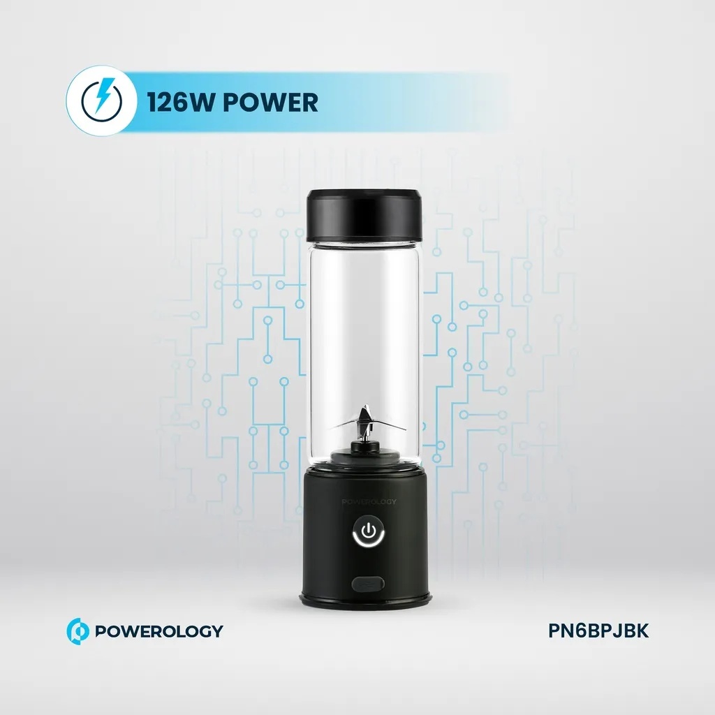 Powerology 6 Blade Portable Juicer 450mL 126W Rechargeable USB Type C Blender with Dual 2500mAh Battery Stainless Steel Ice Crushing Blades Borosilicate Glass Container |PN6BPJBK|