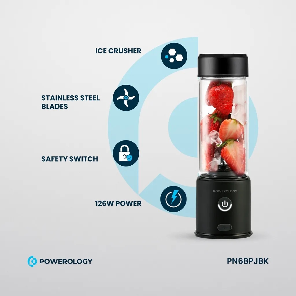 Powerology 6 Blade Portable Juicer 450mL 126W Rechargeable USB Type C Blender with Dual 2500mAh Battery Stainless Steel Ice Crushing Blades Borosilicate Glass Container |PN6BPJBK|
