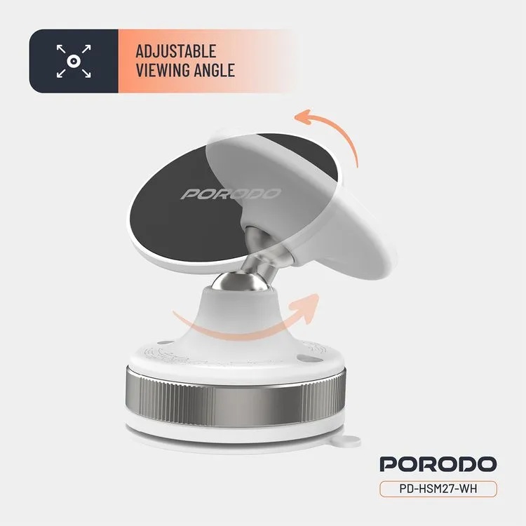 Porodo Vacuseal Smart Suction Magnetic Phone Mount N52 Magnet Adjustable Viewing Angle Strong Suction Base for Smartphones 5.5 to 6.9 Inches | PD-HSM27-WH/BK |