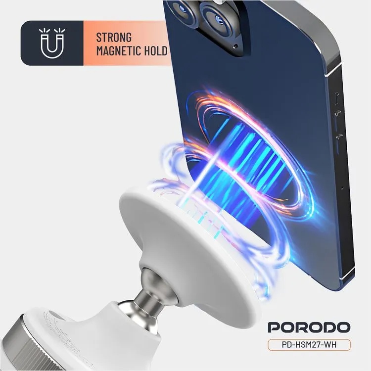 Porodo Vacuseal Smart Suction Magnetic Phone Mount N52 Magnet Adjustable Viewing Angle Strong Suction Base for Smartphones 5.5 to 6.9 Inches | PD-HSM27-WH/BK |