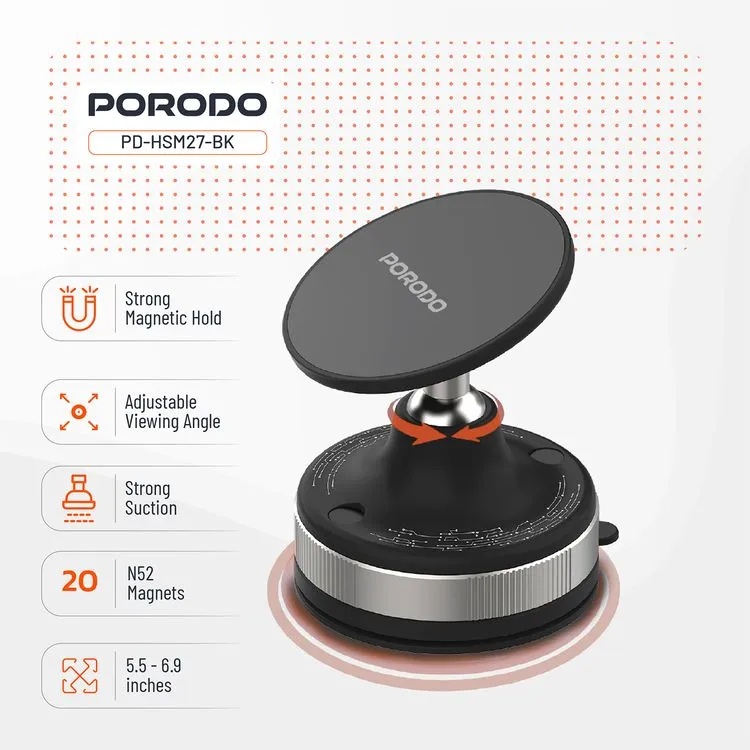 Porodo Vacuseal Smart Suction Magnetic Phone Mount N52 Magnet Adjustable Viewing Angle Strong Suction Base for Smartphones 5.5 to 6.9 Inches | PD-HSM27-WH/BK |