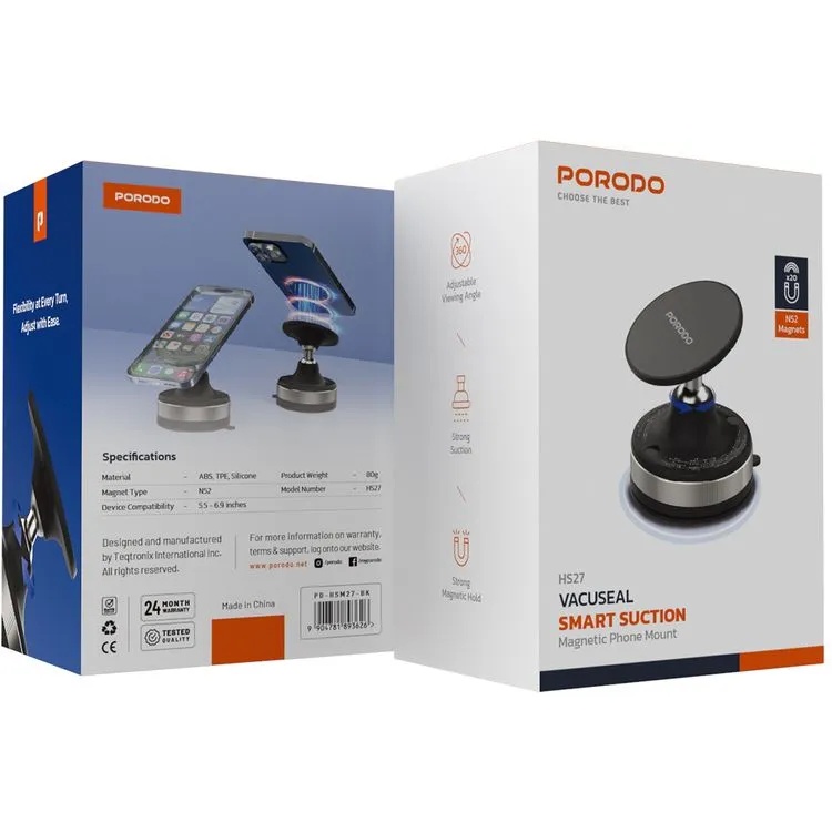 Porodo Vacuseal Smart Suction Magnetic Phone Mount N52 Magnet Adjustable Viewing Angle Strong Suction Base for Smartphones 5.5 to 6.9 Inches | PD-HSM27-WH/BK |