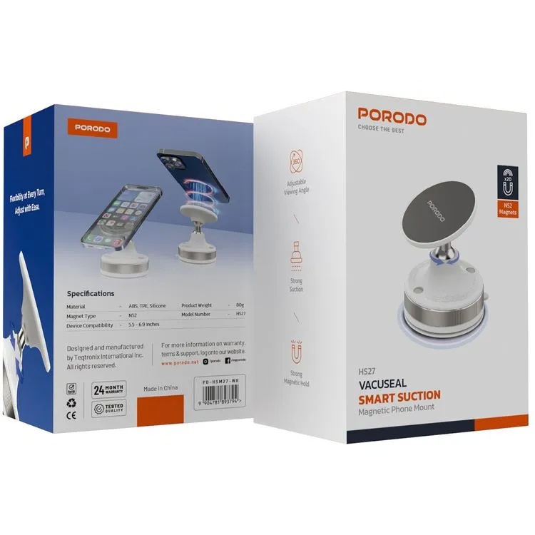 Porodo Vacuseal Smart Suction Magnetic Phone Mount N52 Magnet Adjustable Viewing Angle Strong Suction Base for Smartphones 5.5 to 6.9 Inches | PD-HSM27-WH/BK |