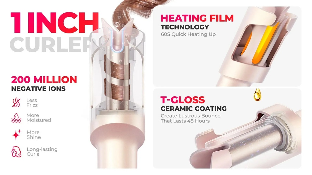 TYMO CURLGO - Cordless Auto Curling Iron 1 Inch Ceramic Barrel with T-GLOSS Coating | 759041280444 |