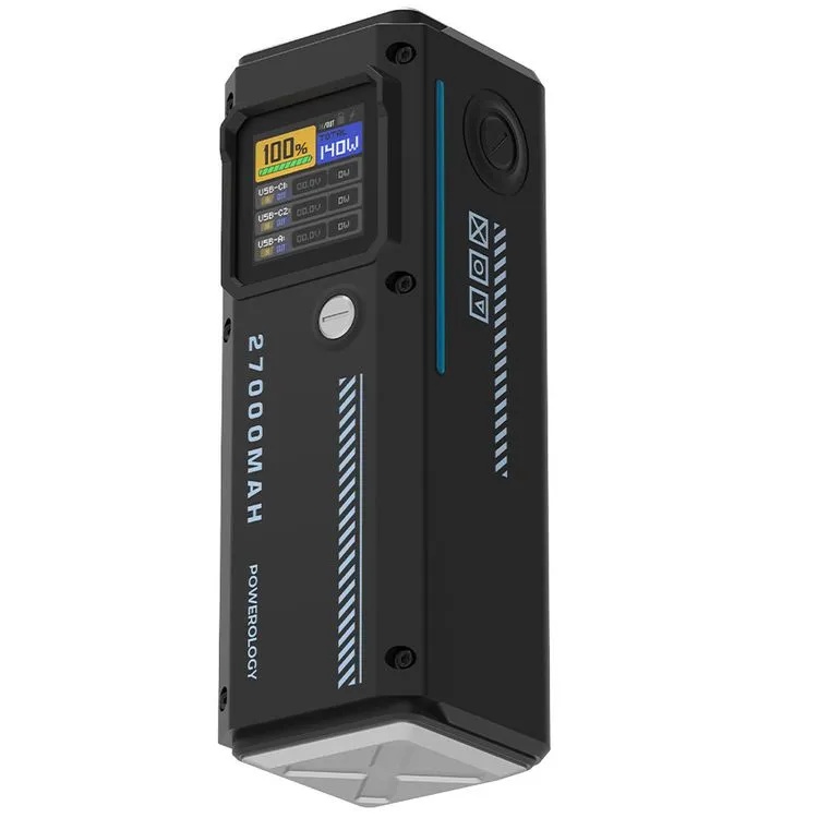 Powerology 27000mAh Smart Display Power Bank 140W PD3.1 USB-C Fast Charging Portable Charger with 3-Port Output for Laptop Tablet and Smartphone Simultaneous Charging