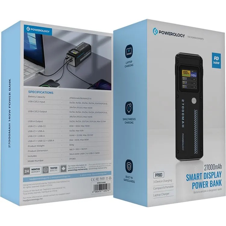 Powerology 27000mAh Smart Display Power Bank 140W PD3.1 USB-C Fast Charging Portable Charger with 3-Port Output for Laptop Tablet and Smartphone Simultaneous Charging
