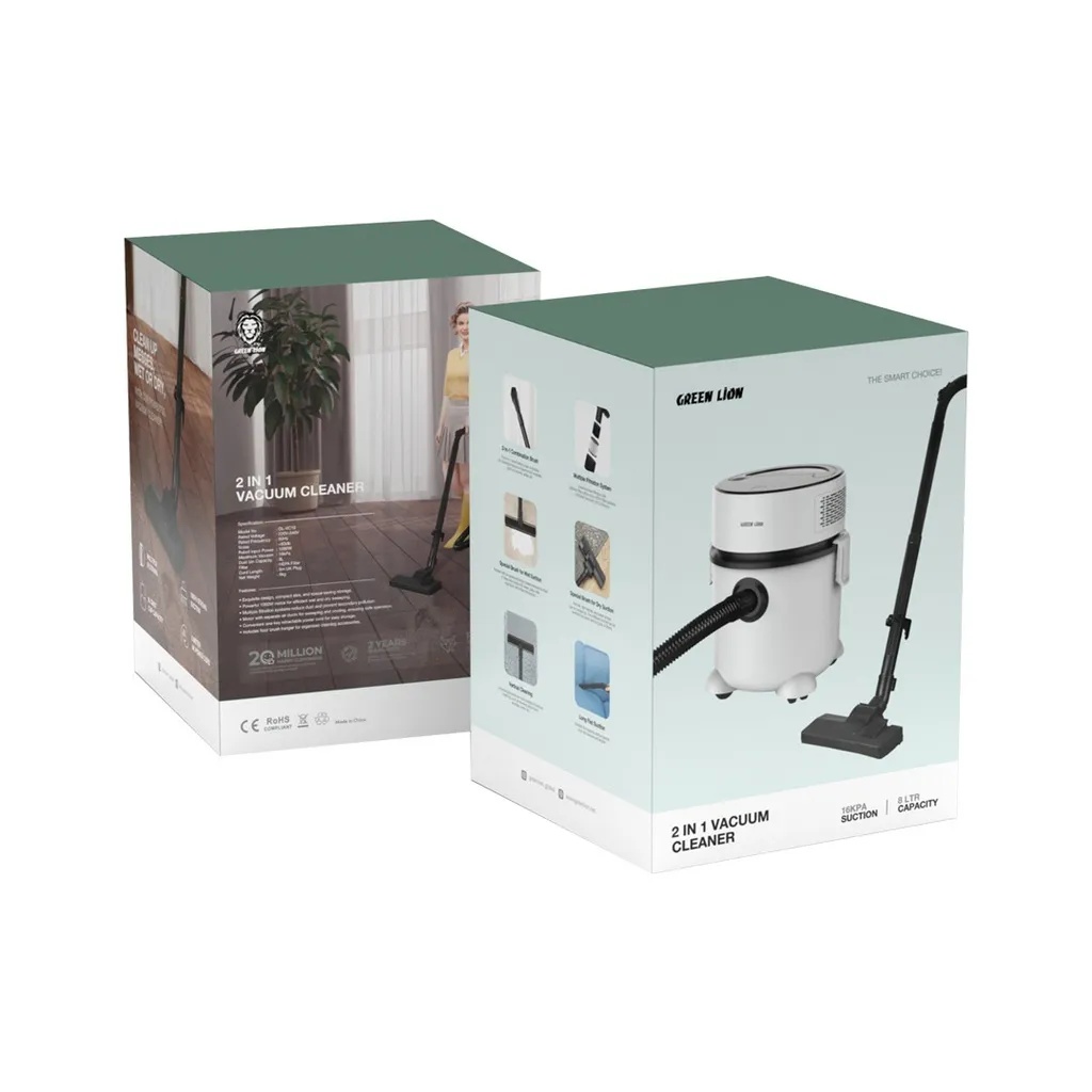 Green Lion 2 In 1 Vacuum Cleaner 1000W 16kPa Suction 8L Dust Bin HEPA Filter Carpet and Hard Floor Cleaning with Long Flat Suction and Combo Brush