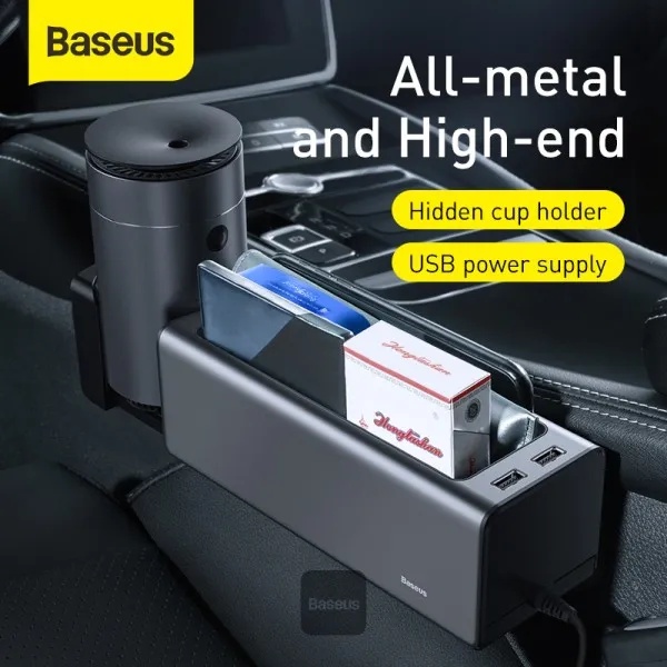 Baseus Deluxe Metal Armrest Console Organizer Dual USB Power Supply Retractable Cup Holder Car Center Console Storage Compact Metal ABS Design | CRCWH-A01 |