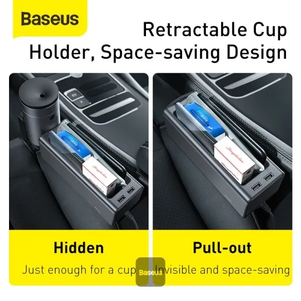 Baseus Deluxe Metal Armrest Console Organizer Dual USB Power Supply Retractable Cup Holder Car Center Console Storage Compact Metal ABS Design | CRCWH-A01 |