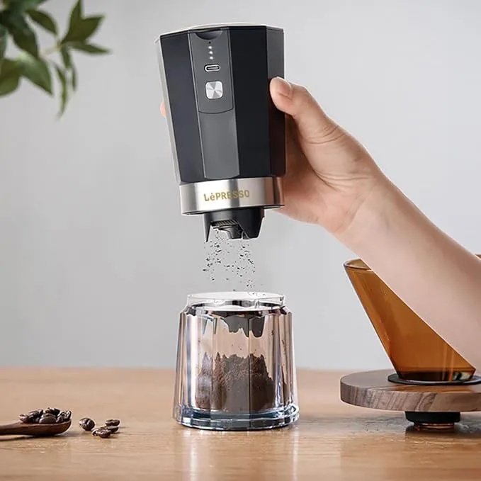 LePresso Cordless Electric Conical Burr Grinder 800mAh Rechargeable Portable Coffee Mill 35g Capacity USB Charge 40 Cups Battery Powered Espresso Grinder | LPRCGRBK |