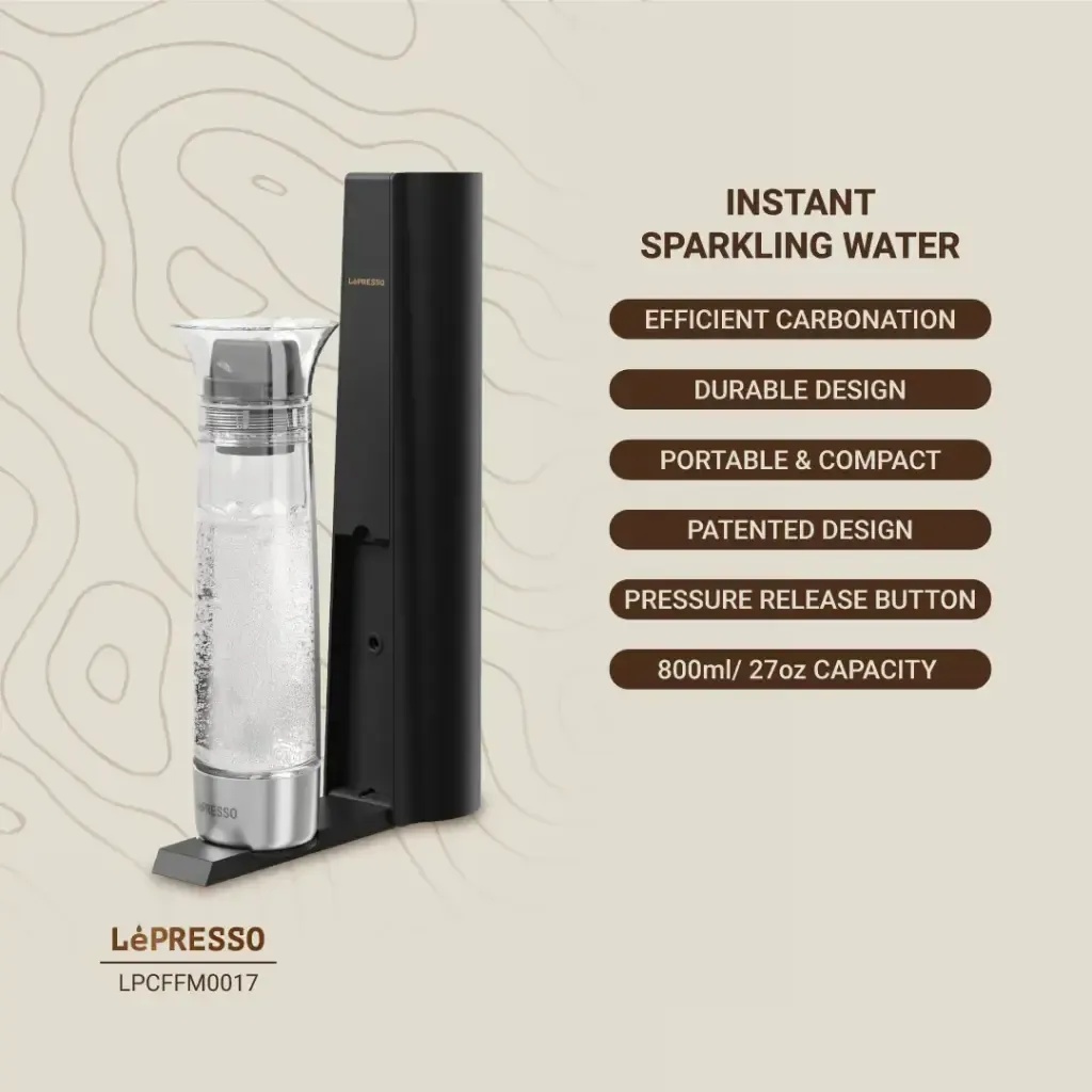 Lepresso Carbonator Instant Sparkling Water 800mL Portable CO2 Bottle Fizzing System Efficient Durable Compact